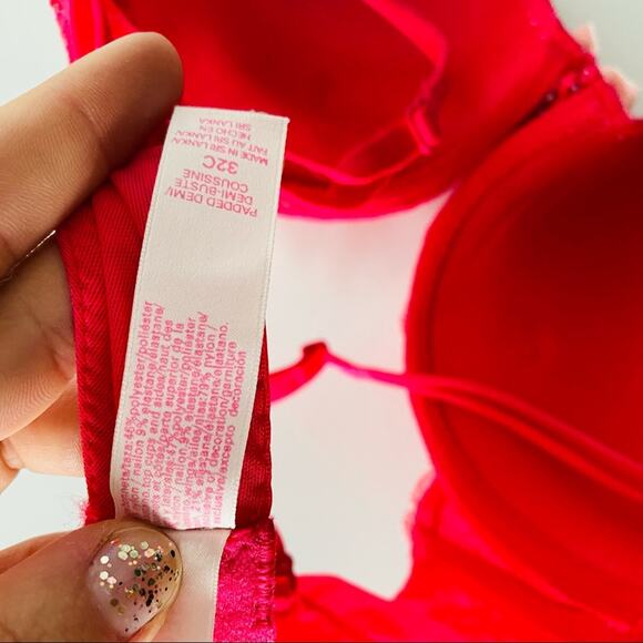 NEW VS VICTORIAS SECRET Red Pink Lace Floral Ribbon Padded UnderwireDemi Bra 32C - Picture 6 of 7